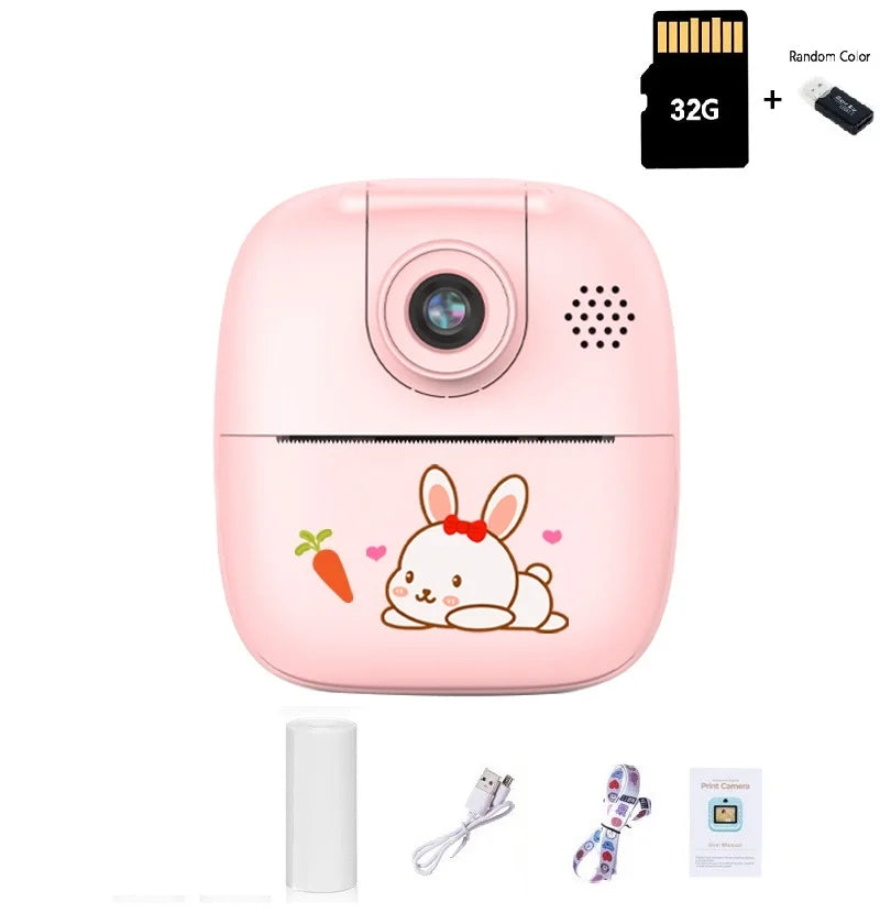 Appareil photo à impression instantanée pour enfants, appareil photo numérique thermique, jouet vidéo, cadeau d'anniversaire, carte mémoire 32G