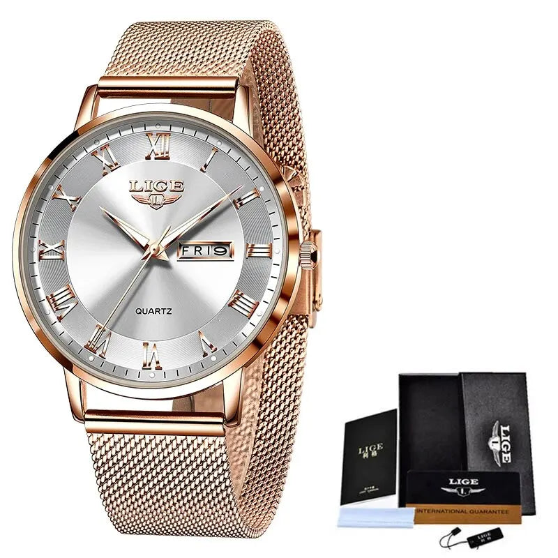 Montre femme LIGE 2024 – Quartz japonais, acier inoxydable, lumineuse