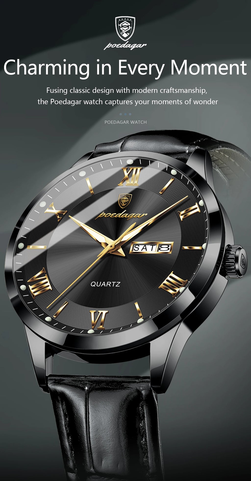 Montre homme POEDAGAR – Quartz, cuir, date & semaine