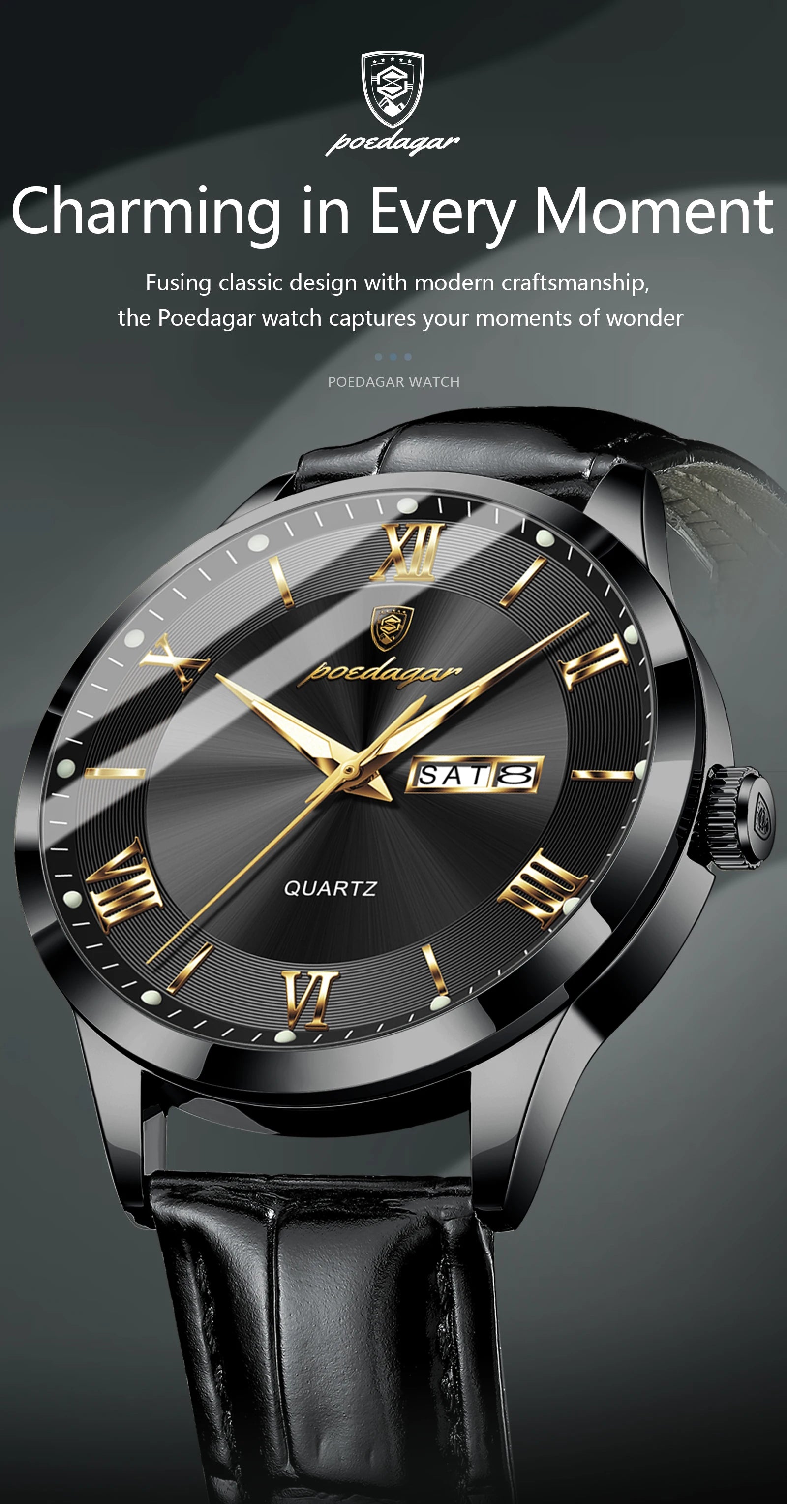 Montre homme POEDAGAR – Quartz, cuir, date & semaine