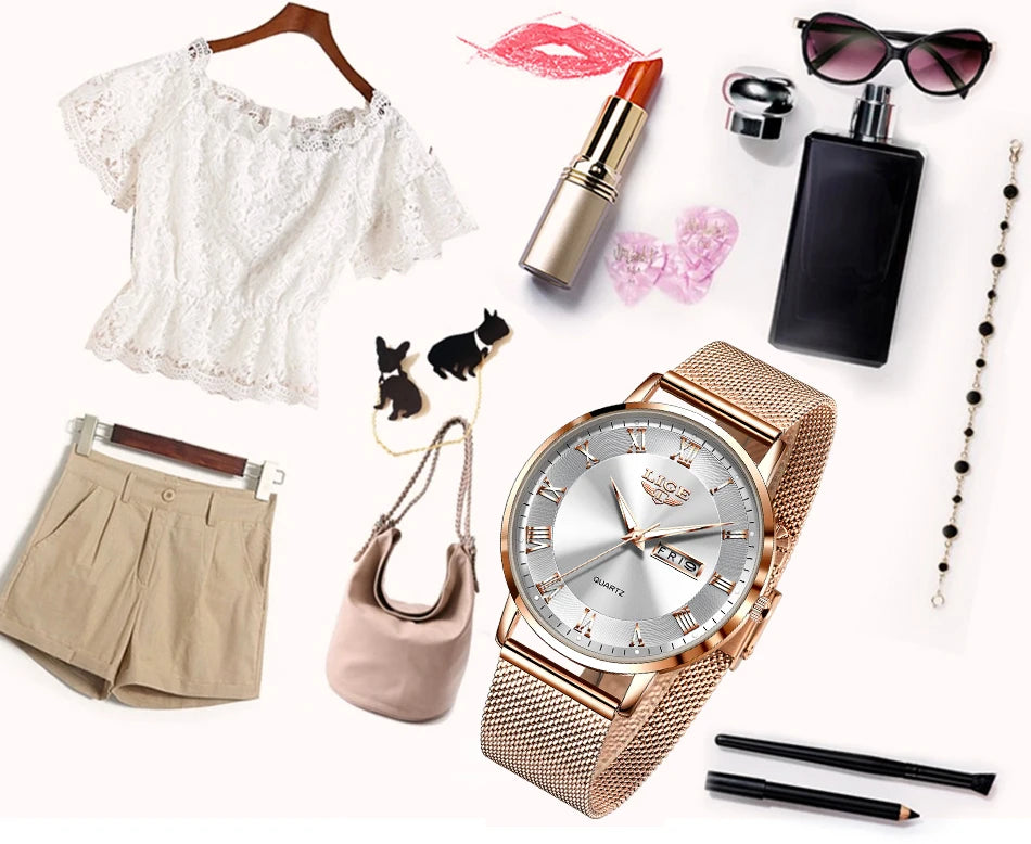 Montre femme LIGE 2024 – Quartz japonais, acier inoxydable, lumineuse