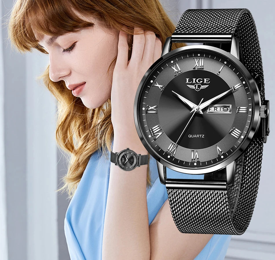 Montre femme LIGE 2024 – Quartz japonais, acier inoxydable, lumineuse