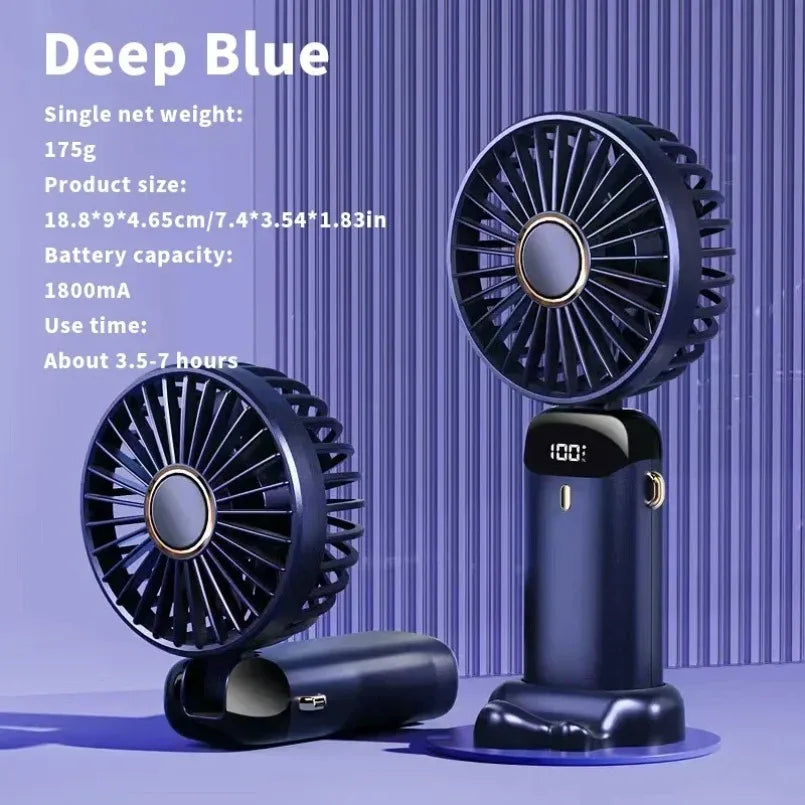 Mini Ventilateur Pliable Portatif 1800mAh – 5 Vitesses, Rechargeable USB, Support Téléphone & Écran