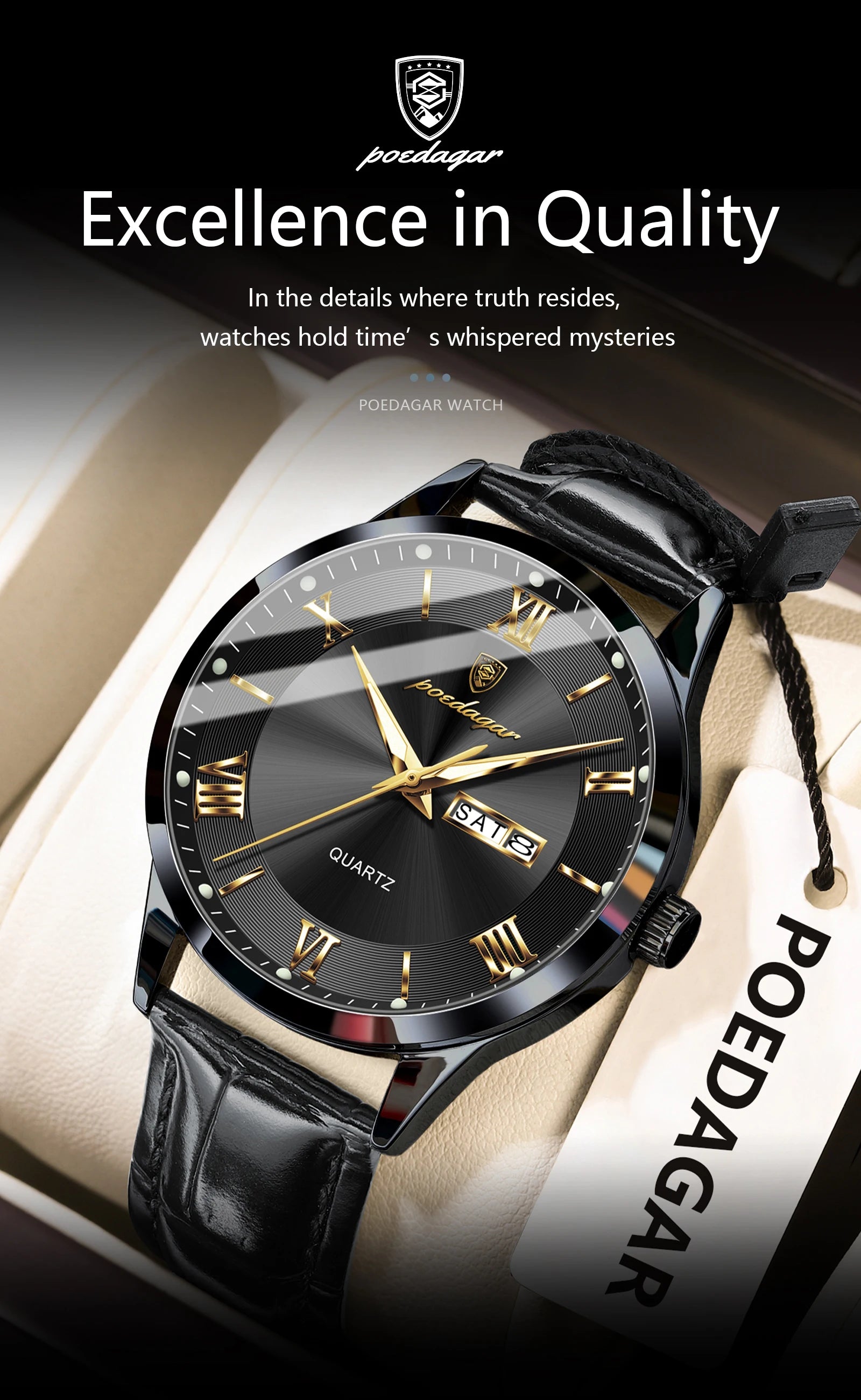Montre homme POEDAGAR – Quartz, cuir, date & semaine