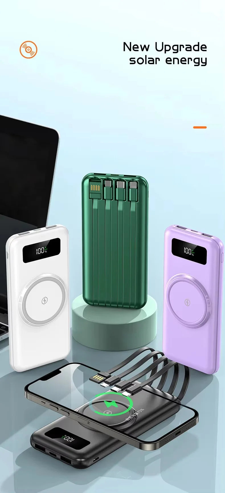 Powerbank 30000 mAh Charge Rapide Sans Fil — Batterie Externe Universelle avec Câbles | iPhone & Android