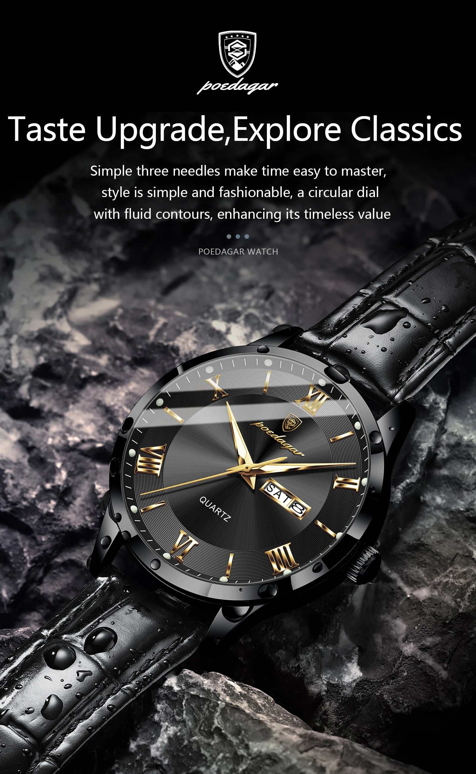 Montre homme POEDAGAR – Quartz, cuir, date & semaine