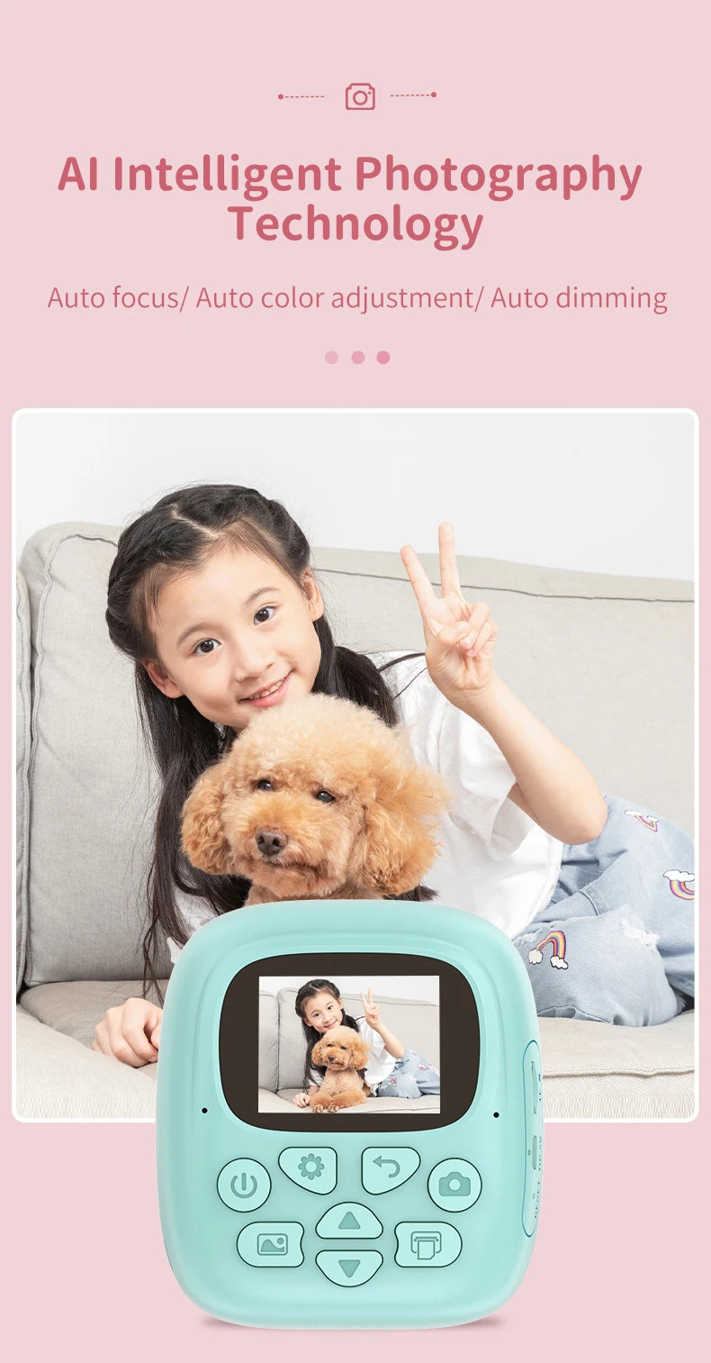 Appareil photo à impression instantanée pour enfants, appareil photo numérique thermique, jouet vidéo, cadeau d'anniversaire, carte mémoire 32G