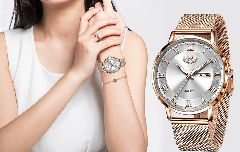Montre femme LIGE 2024 – Quartz japonais, acier inoxydable, lumineuse
