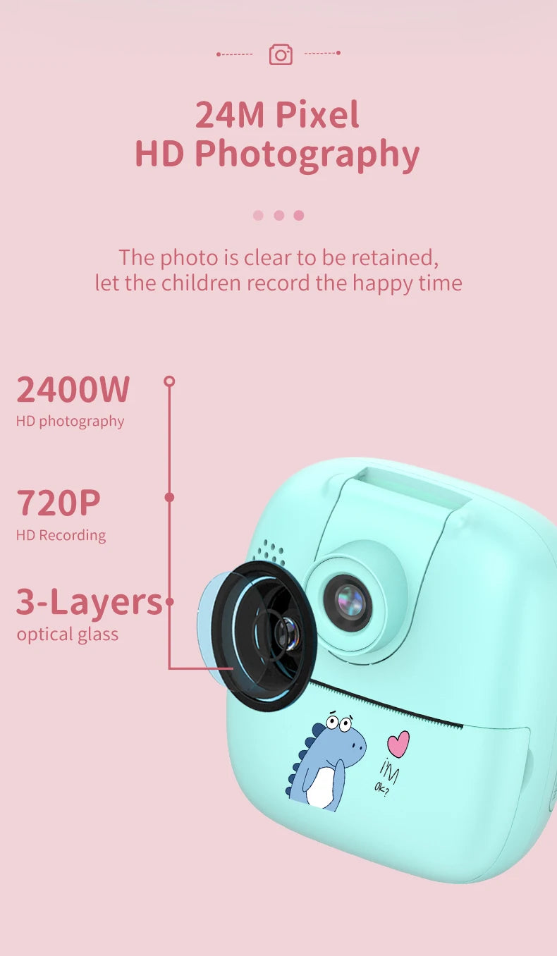 Appareil photo à impression instantanée pour enfants, appareil photo numérique thermique, jouet vidéo, cadeau d'anniversaire, carte mémoire 32G