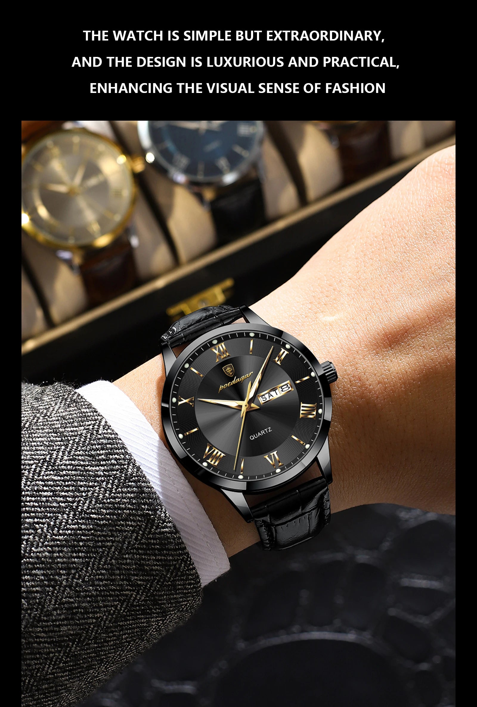 Montre homme POEDAGAR – Quartz, cuir, date & semaine