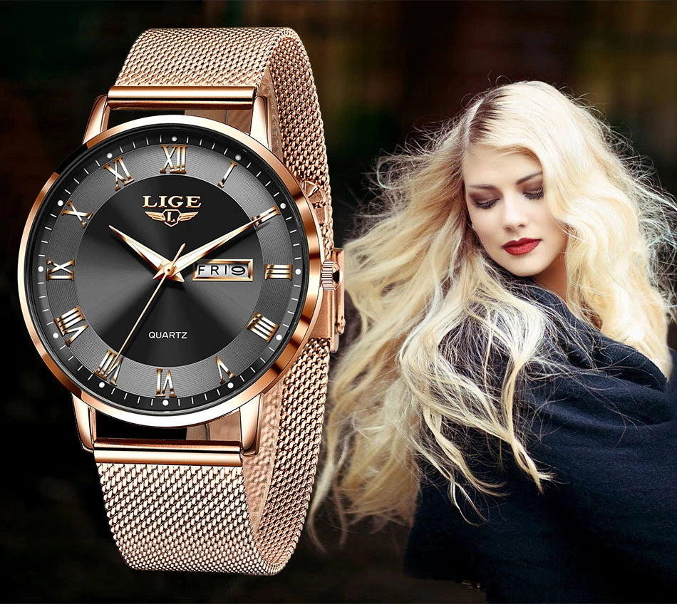 Montre femme LIGE 2024 – Quartz japonais, acier inoxydable, lumineuse