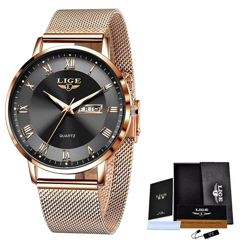 Montre femme LIGE 2024 – Quartz japonais, acier inoxydable, lumineuse