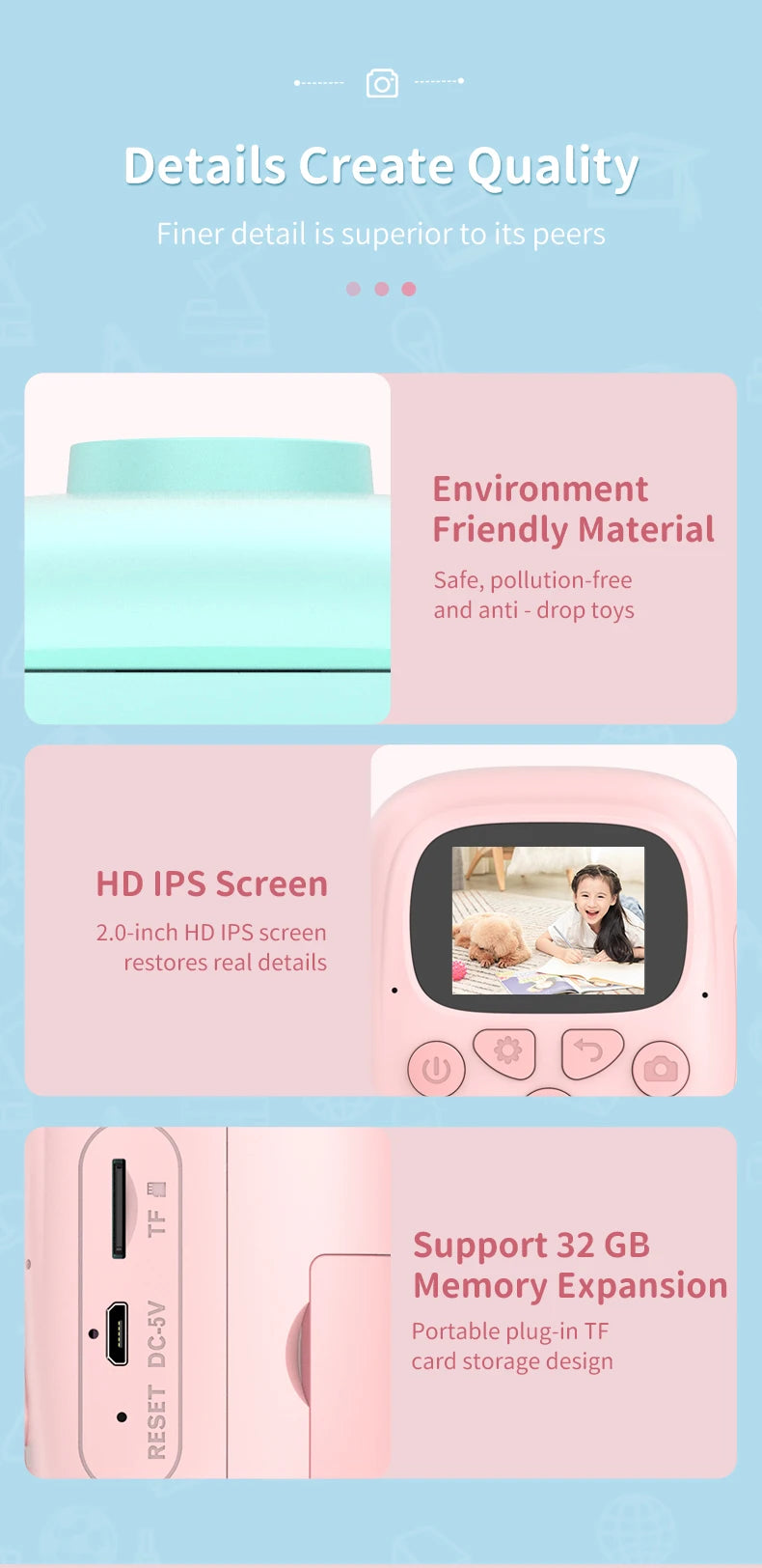 Appareil photo à impression instantanée pour enfants, appareil photo numérique thermique, jouet vidéo, cadeau d'anniversaire, carte mémoire 32G