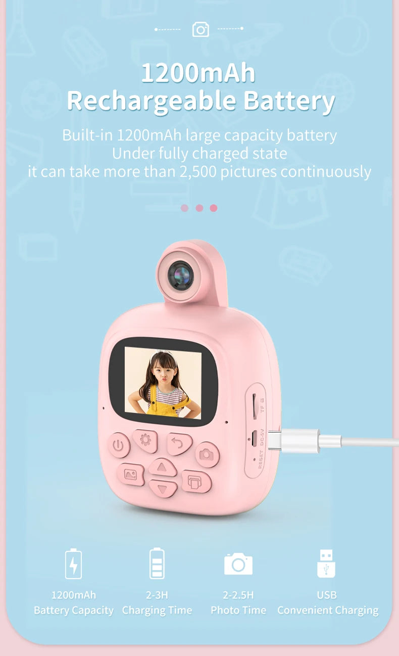 Appareil photo à impression instantanée pour enfants, appareil photo numérique thermique, jouet vidéo, cadeau d'anniversaire, carte mémoire 32G