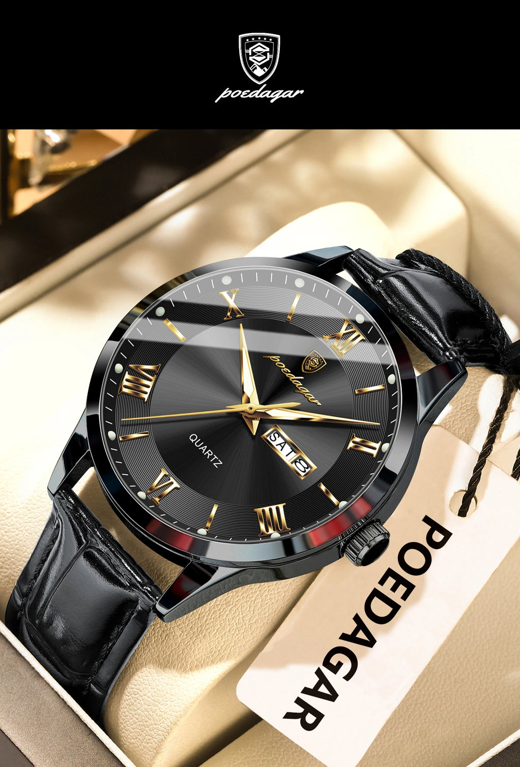 Montre homme POEDAGAR – Quartz, cuir, date & semaine