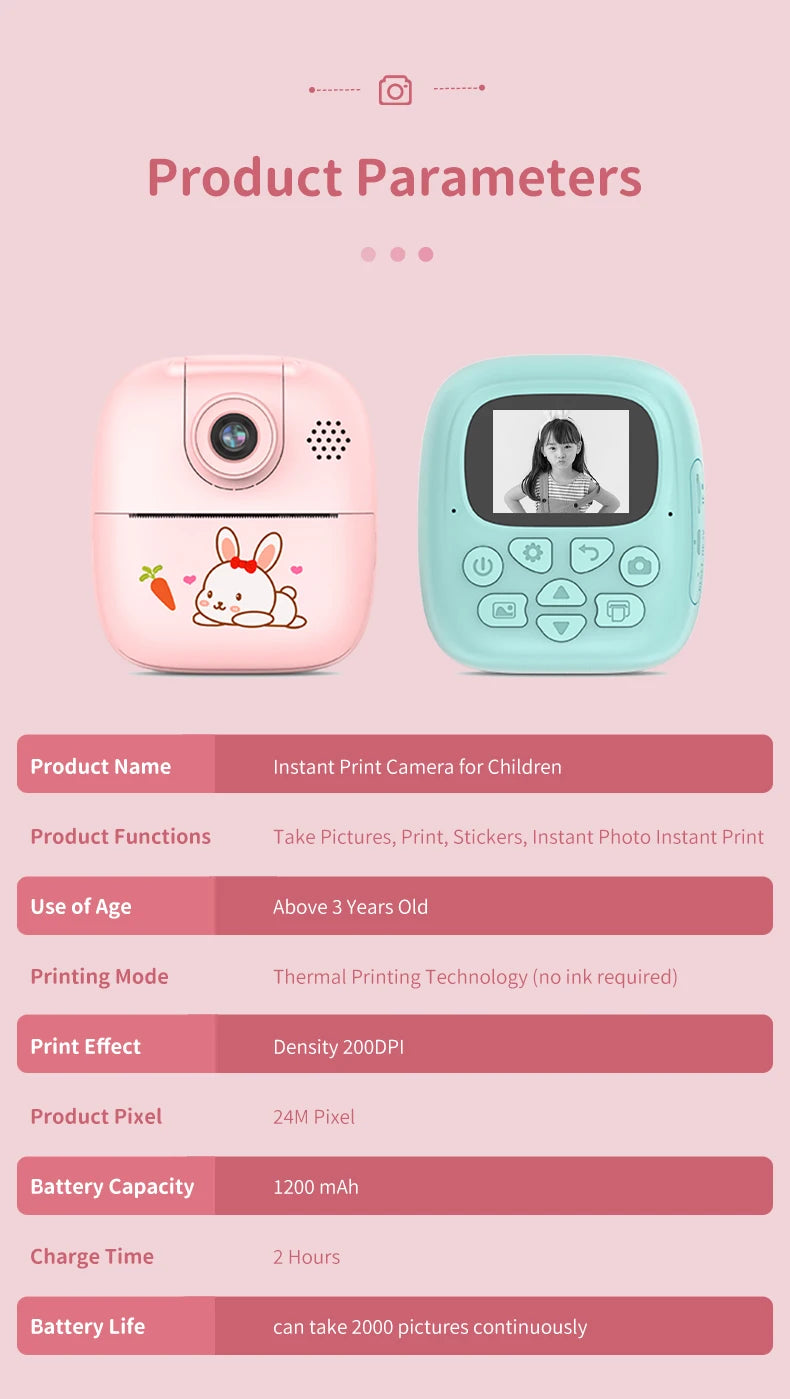 Appareil photo à impression instantanée pour enfants, appareil photo numérique thermique, jouet vidéo, cadeau d'anniversaire, carte mémoire 32G