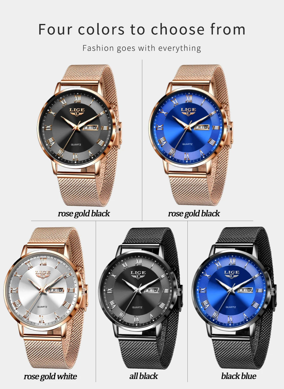 Montre femme LIGE 2024 – Quartz japonais, acier inoxydable, lumineuse