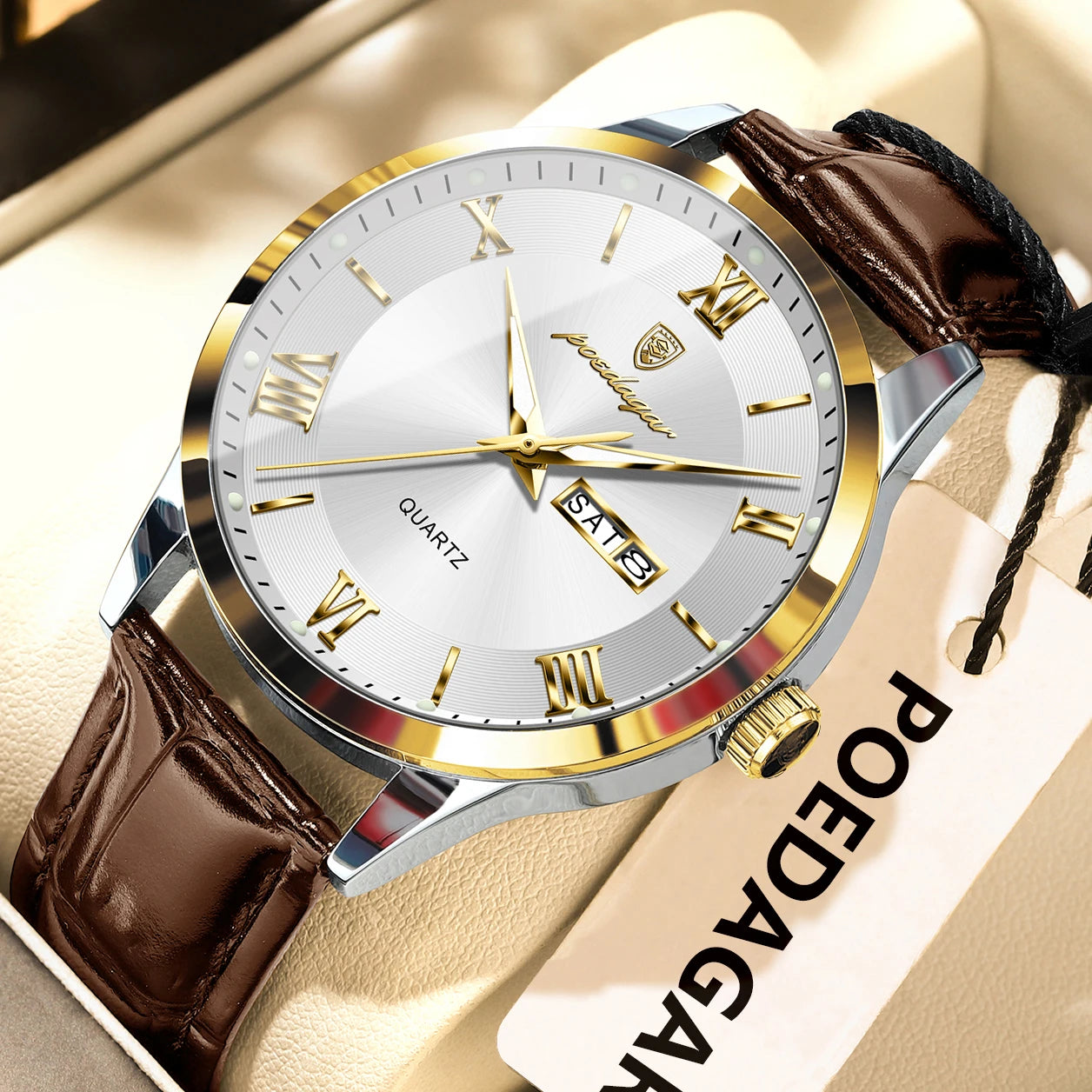 Montre homme POEDAGAR – Quartz, cuir, date & semaine