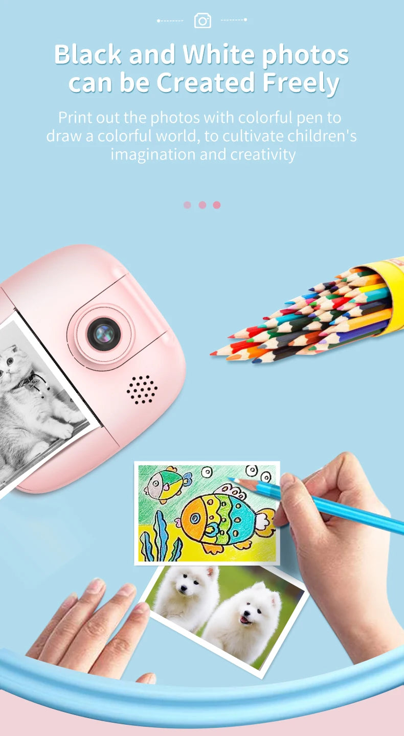 Appareil photo à impression instantanée pour enfants, appareil photo numérique thermique, jouet vidéo, cadeau d'anniversaire, carte mémoire 32G