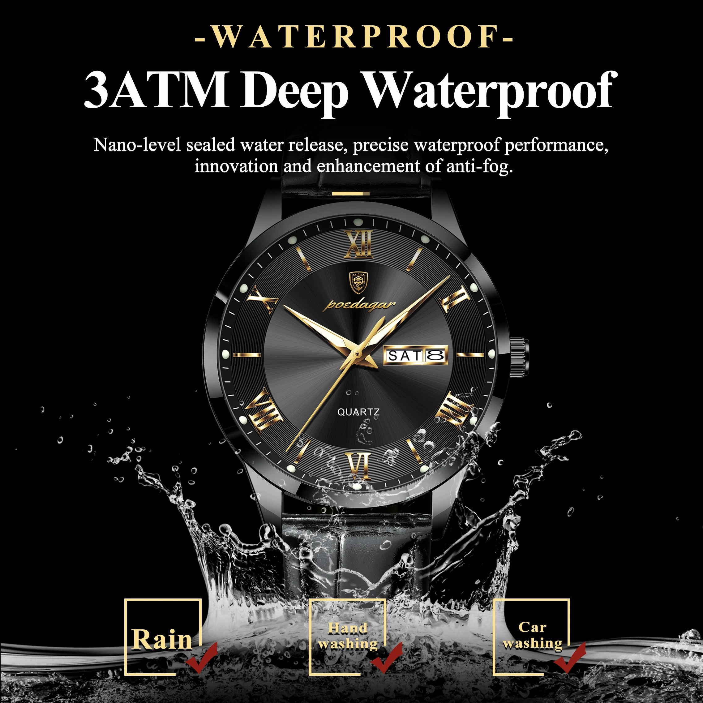 Montre homme POEDAGAR – Quartz, cuir, date & semaine