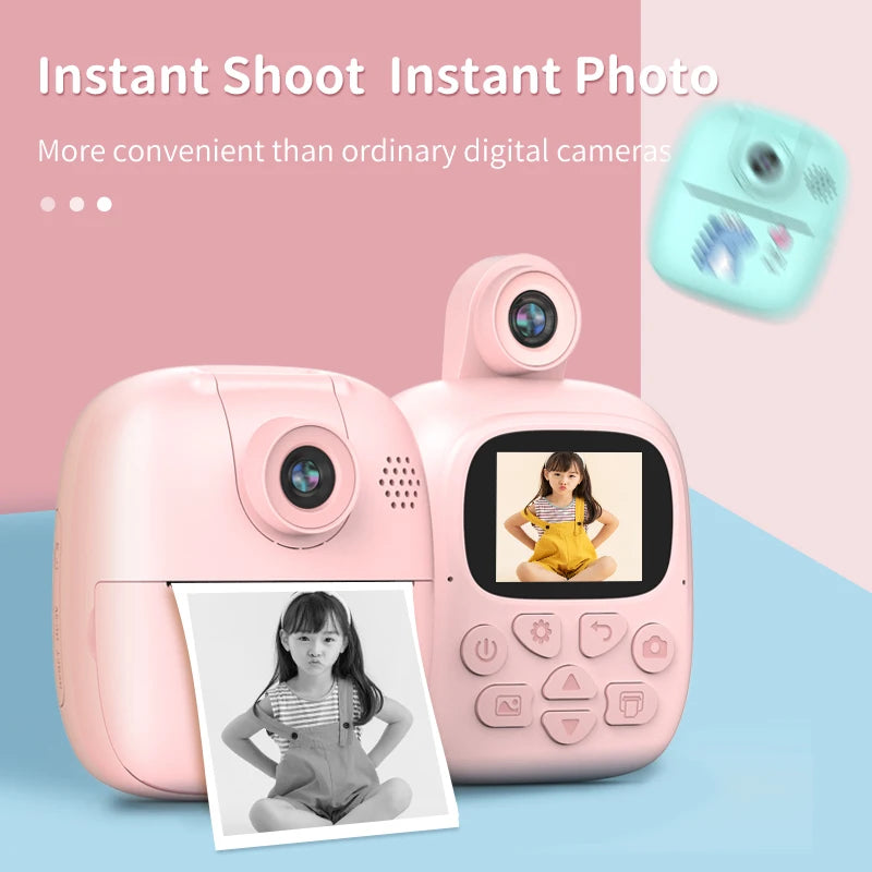Appareil photo à impression instantanée pour enfants, appareil photo numérique thermique, jouet vidéo, cadeau d'anniversaire, carte mémoire 32G
