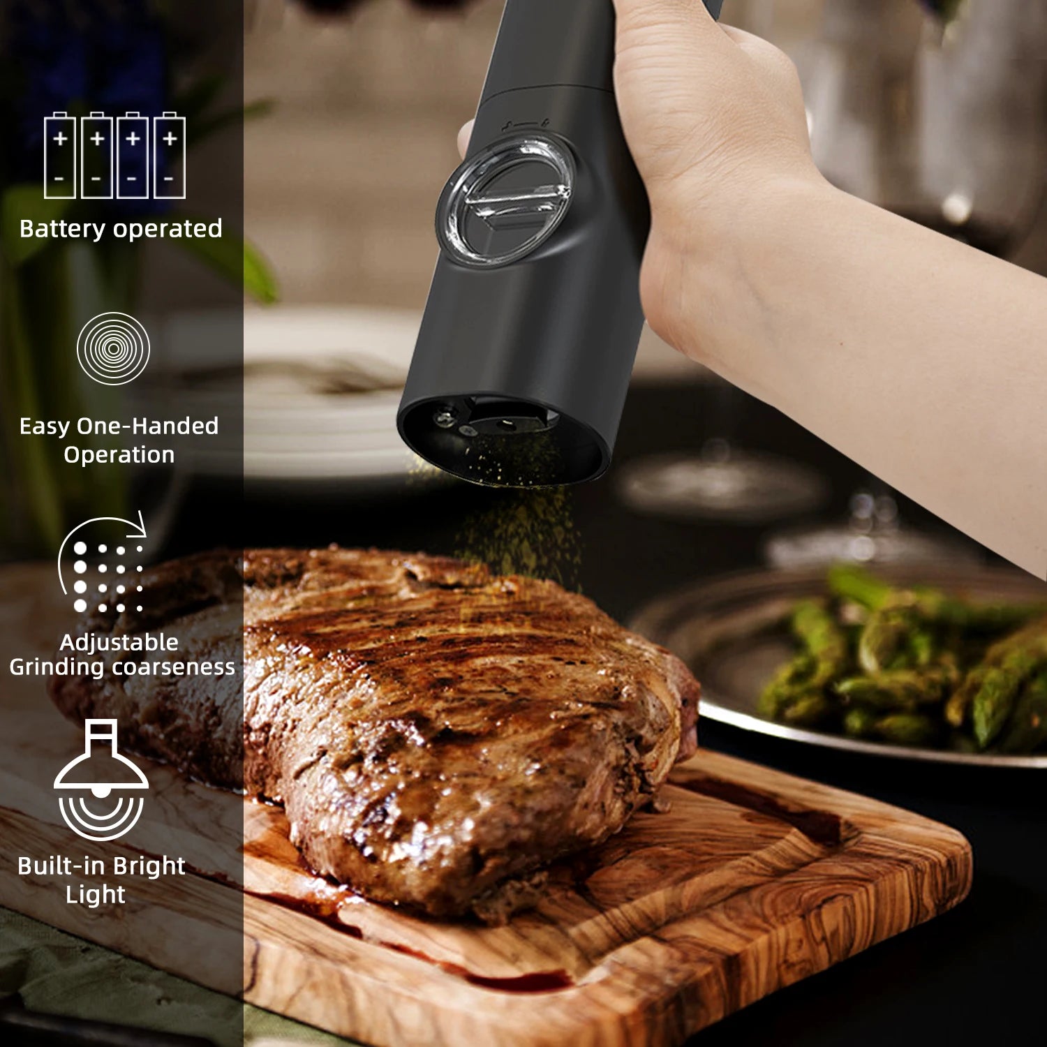 Moulin électrique à poivre et sel – LED, grossièreté réglable, avec base