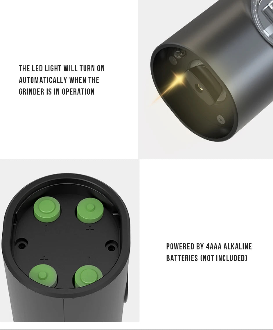 Moulin électrique à poivre et sel – LED, grossièreté réglable, avec base