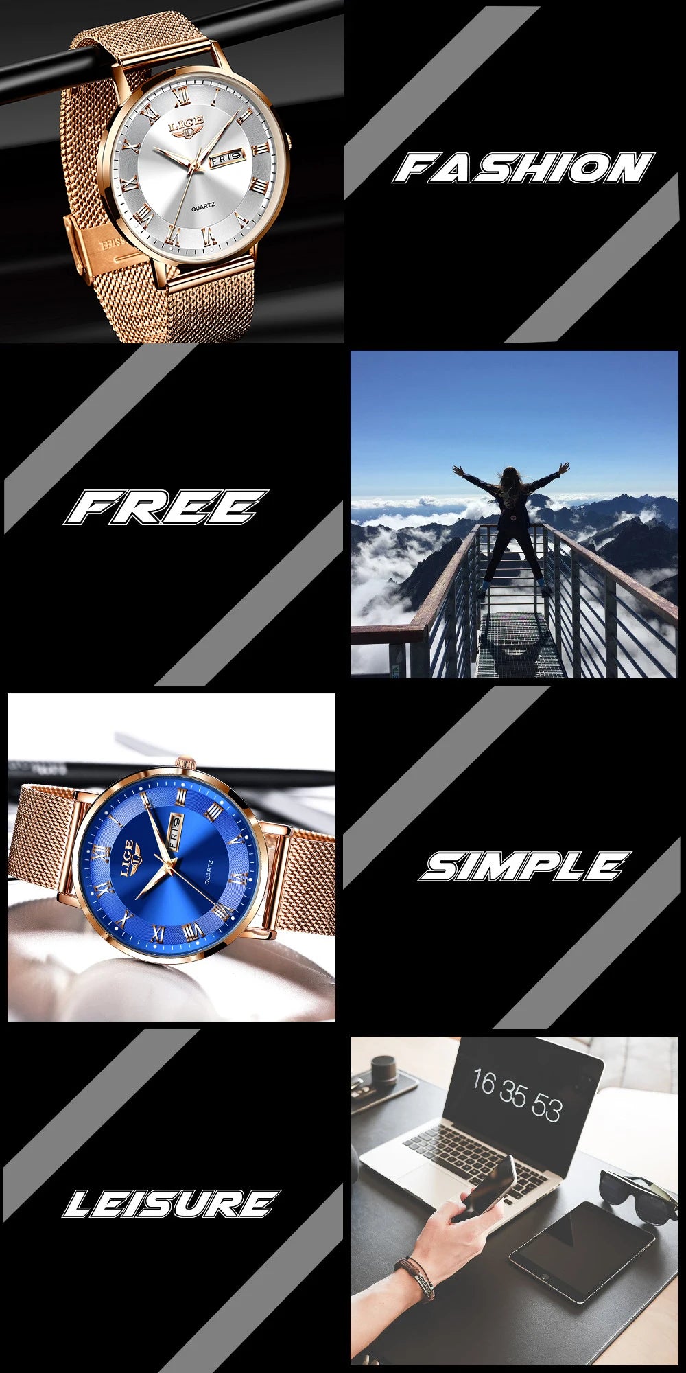 Montre femme LIGE 2024 – Quartz japonais, acier inoxydable, lumineuse