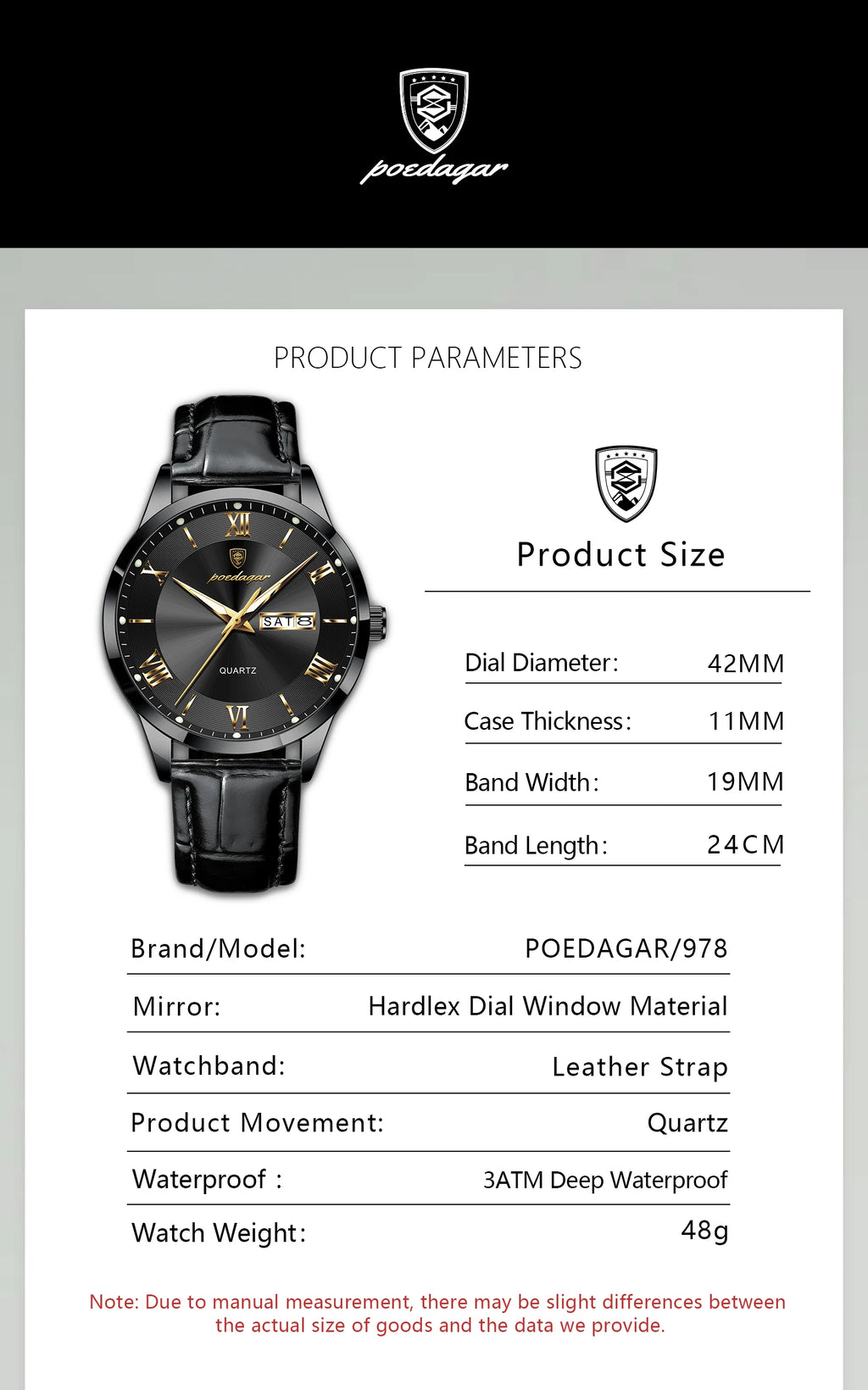 Montre homme POEDAGAR – Quartz, cuir, date & semaine