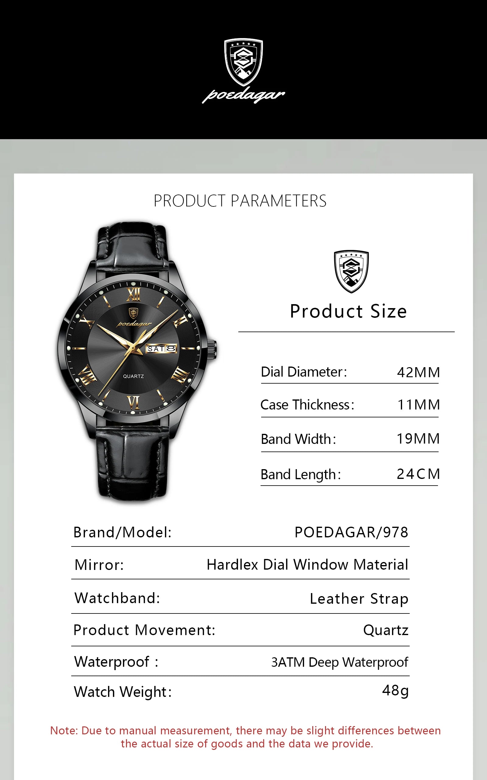 Montre homme POEDAGAR – Quartz, cuir, date & semaine