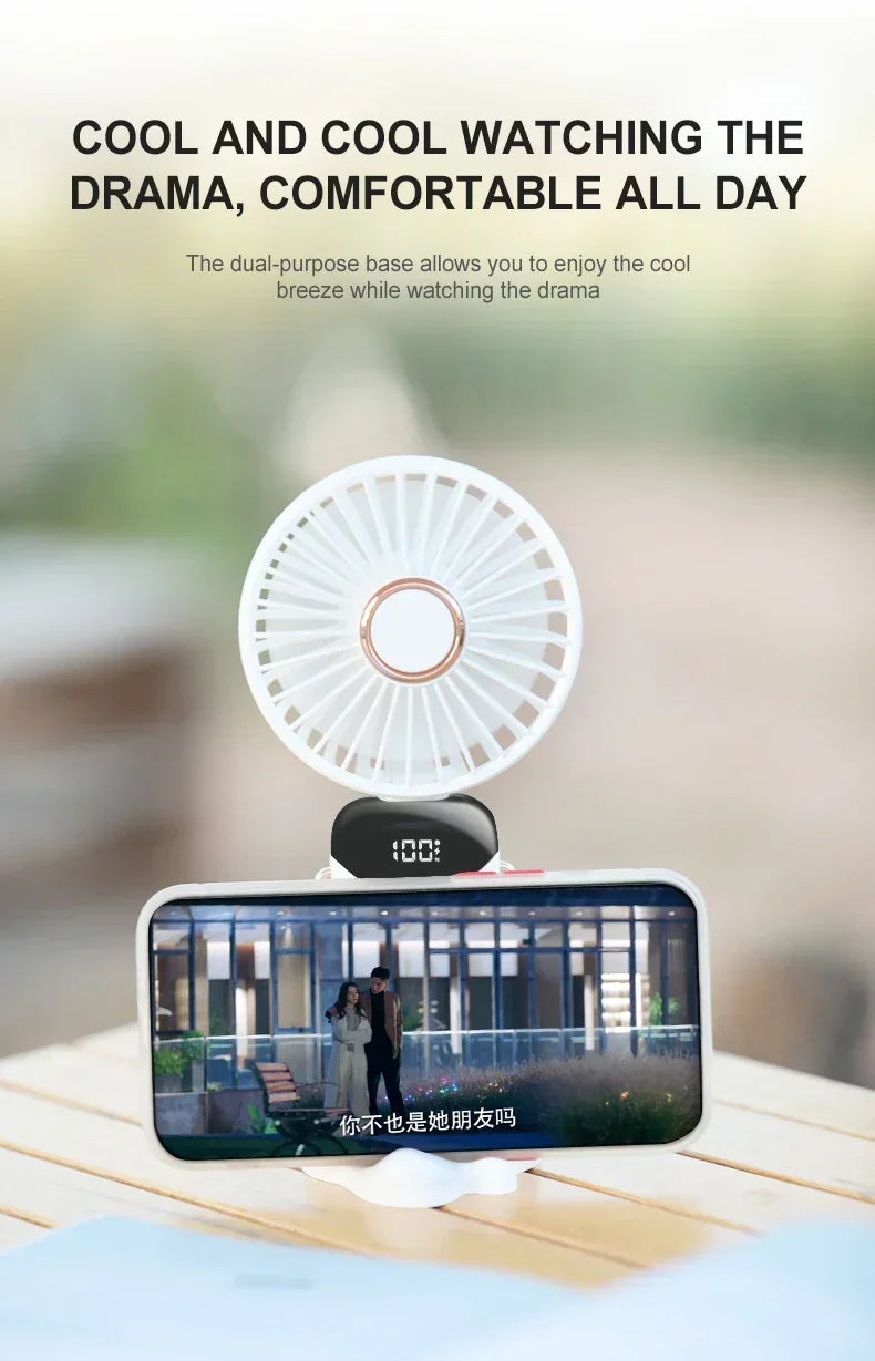 Mini Ventilateur de Cou Portable 1800mAh – Support Téléphone, Écran LED, 5 Vitesses, Rechargeable USB