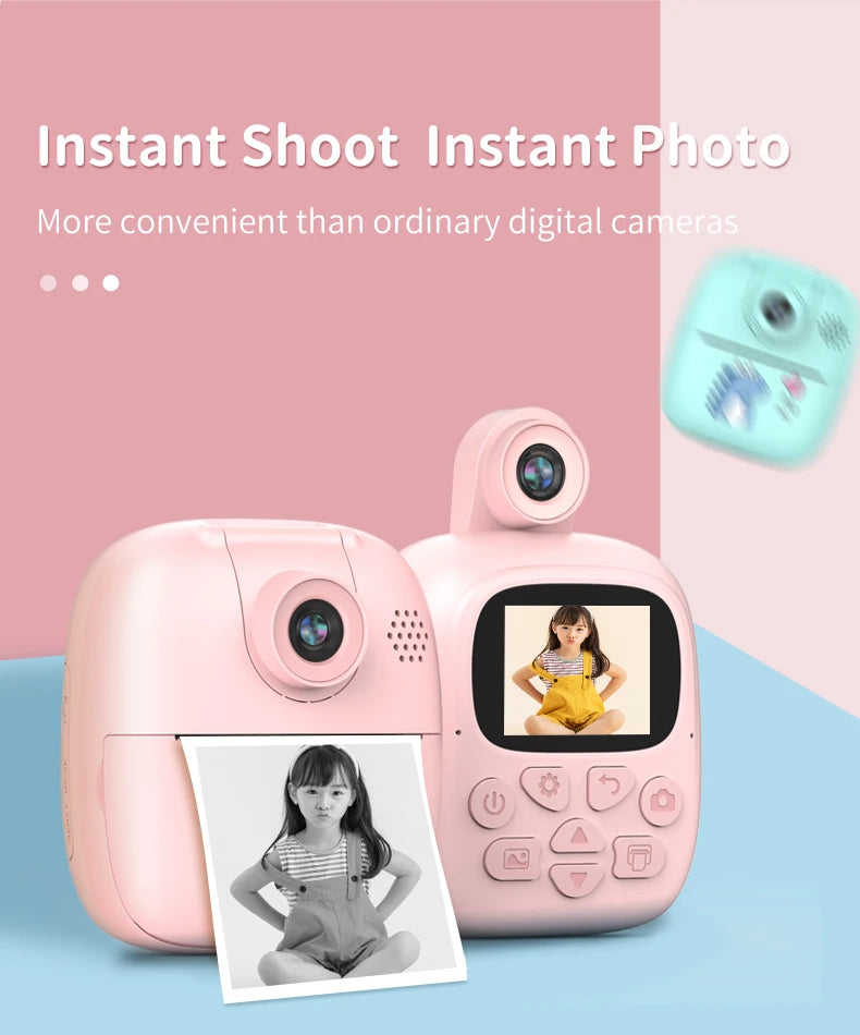 Appareil photo à impression instantanée pour enfants, appareil photo numérique thermique, jouet vidéo, cadeau d'anniversaire, carte mémoire 32G