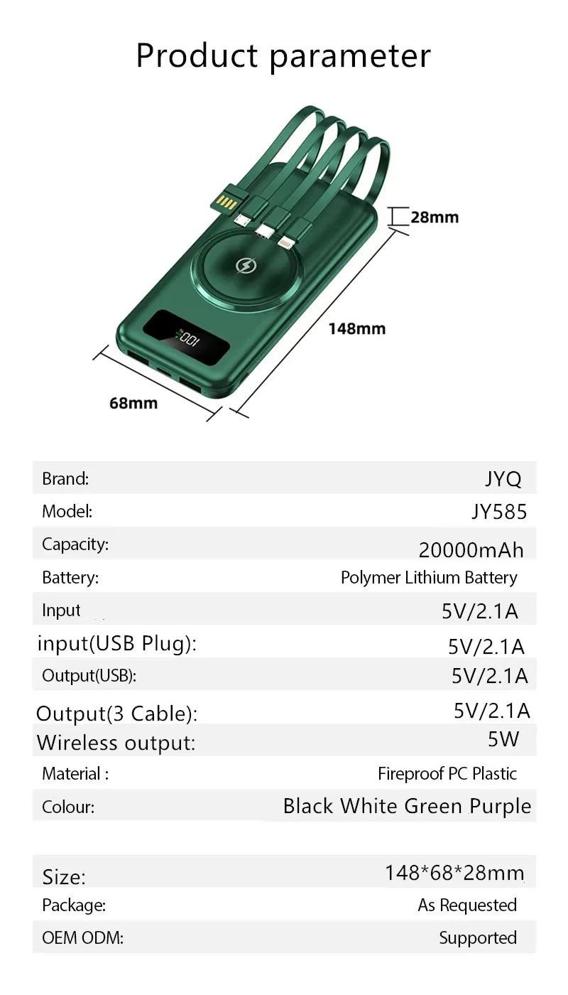 Powerbank 30000 mAh Charge Rapide Sans Fil — Batterie Externe Universelle avec Câbles | iPhone & Android