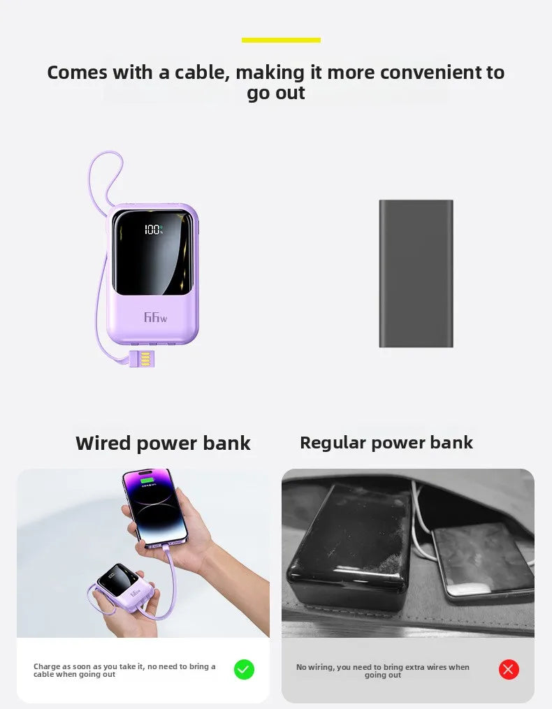 Powerbank 20000 mAh Mini — Charge Ultra Rapide PD20W, Câble Intégré | Compact & Léger