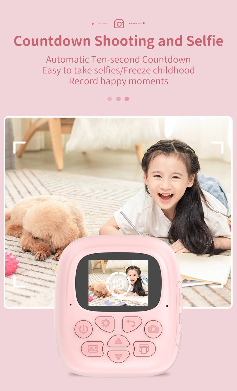 Appareil photo à impression instantanée pour enfants, appareil photo numérique thermique, jouet vidéo, cadeau d'anniversaire, carte mémoire 32G