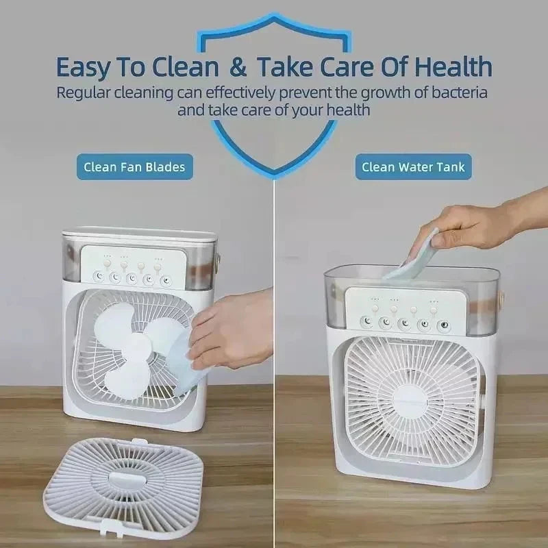 Mini Climatiseur 3-en-1 Portable – Ventilateur, Humidificateur & Veilleuse LED, Rechargeable USB