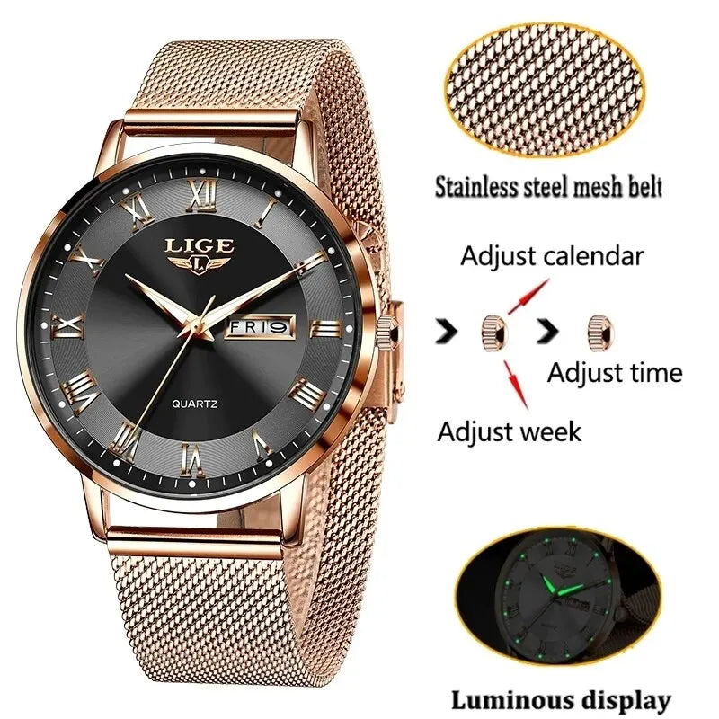 Montre femme LIGE 2024 – Quartz japonais, acier inoxydable, lumineuse