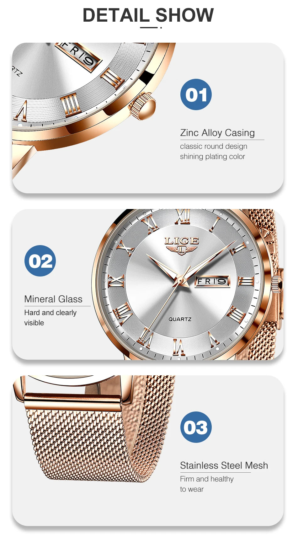 Montre femme LIGE 2024 – Quartz japonais, acier inoxydable, lumineuse