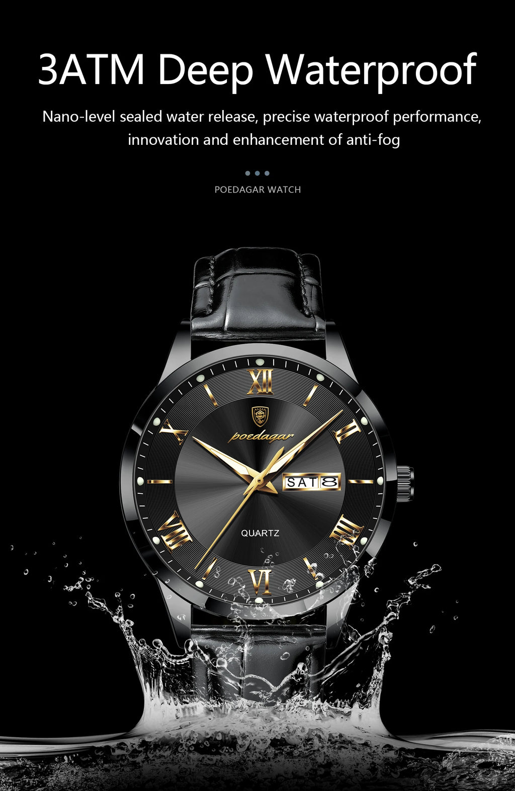 Montre homme POEDAGAR – Quartz, cuir, date & semaine