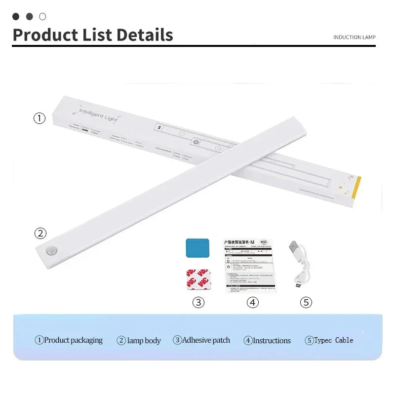 Veilleuse LED sous armoire – Rechargeable USB-C, capteur de mouvement, 10 à 60 cm