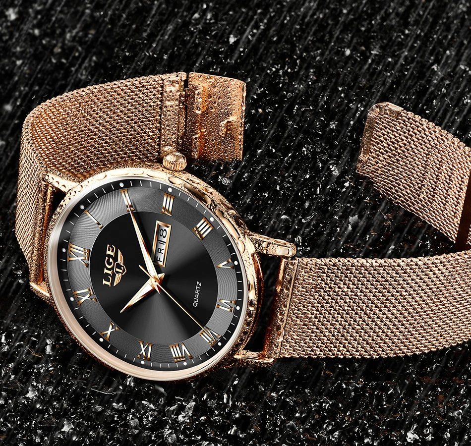 Montre femme LIGE 2024 – Quartz japonais, acier inoxydable, lumineuse