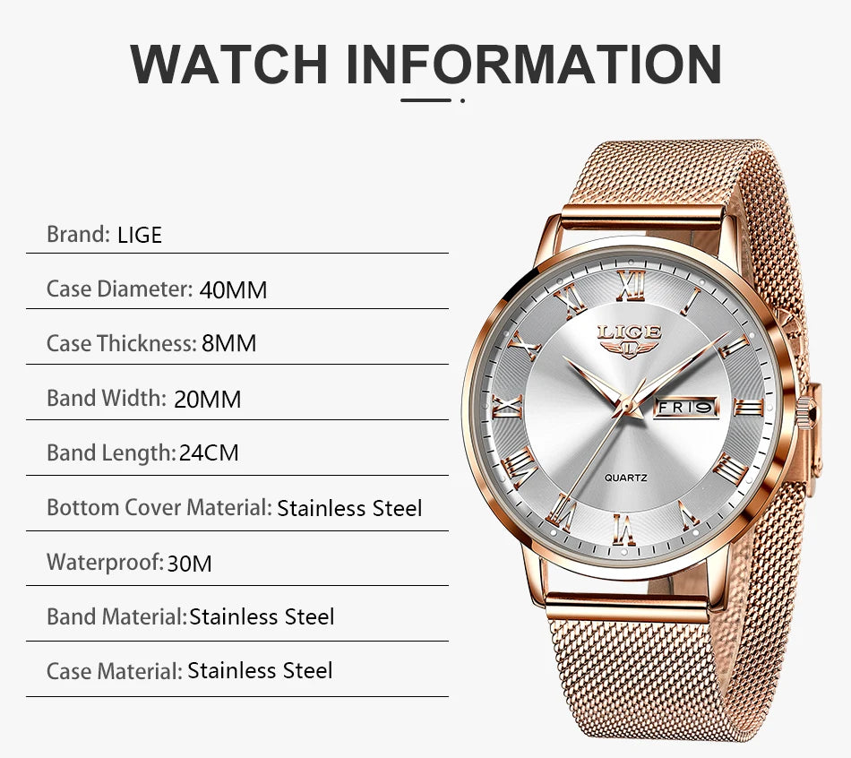 Montre femme LIGE 2024 – Quartz japonais, acier inoxydable, lumineuse