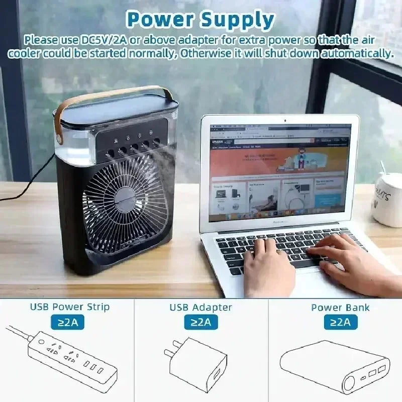 Mini Climatiseur 3-en-1 Portable – Ventilateur, Humidificateur & Veilleuse LED, Rechargeable USB