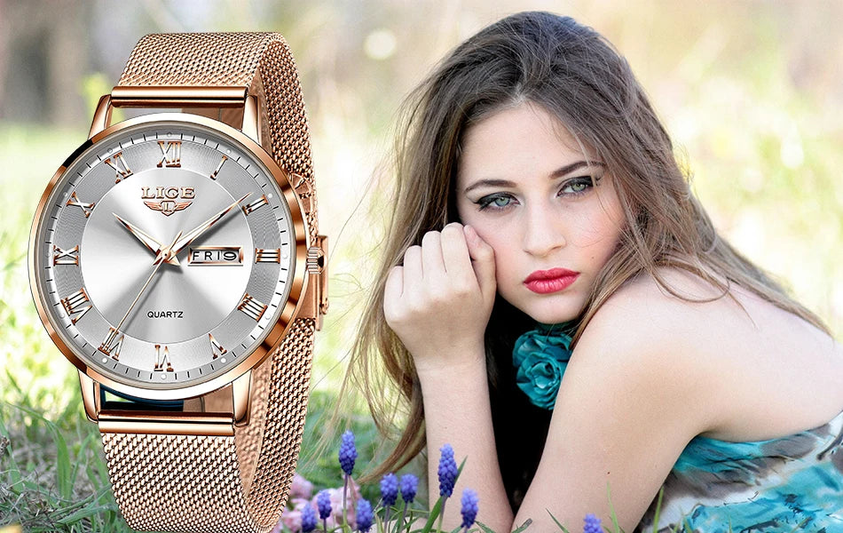 Montre femme LIGE 2024 – Quartz japonais, acier inoxydable, lumineuse