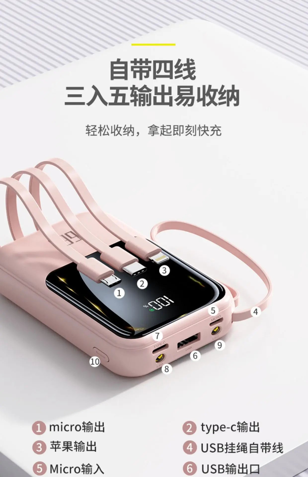 Powerbank 20000 mAh Mini — Charge Ultra Rapide PD20W, Câble Intégré | Compact & Léger