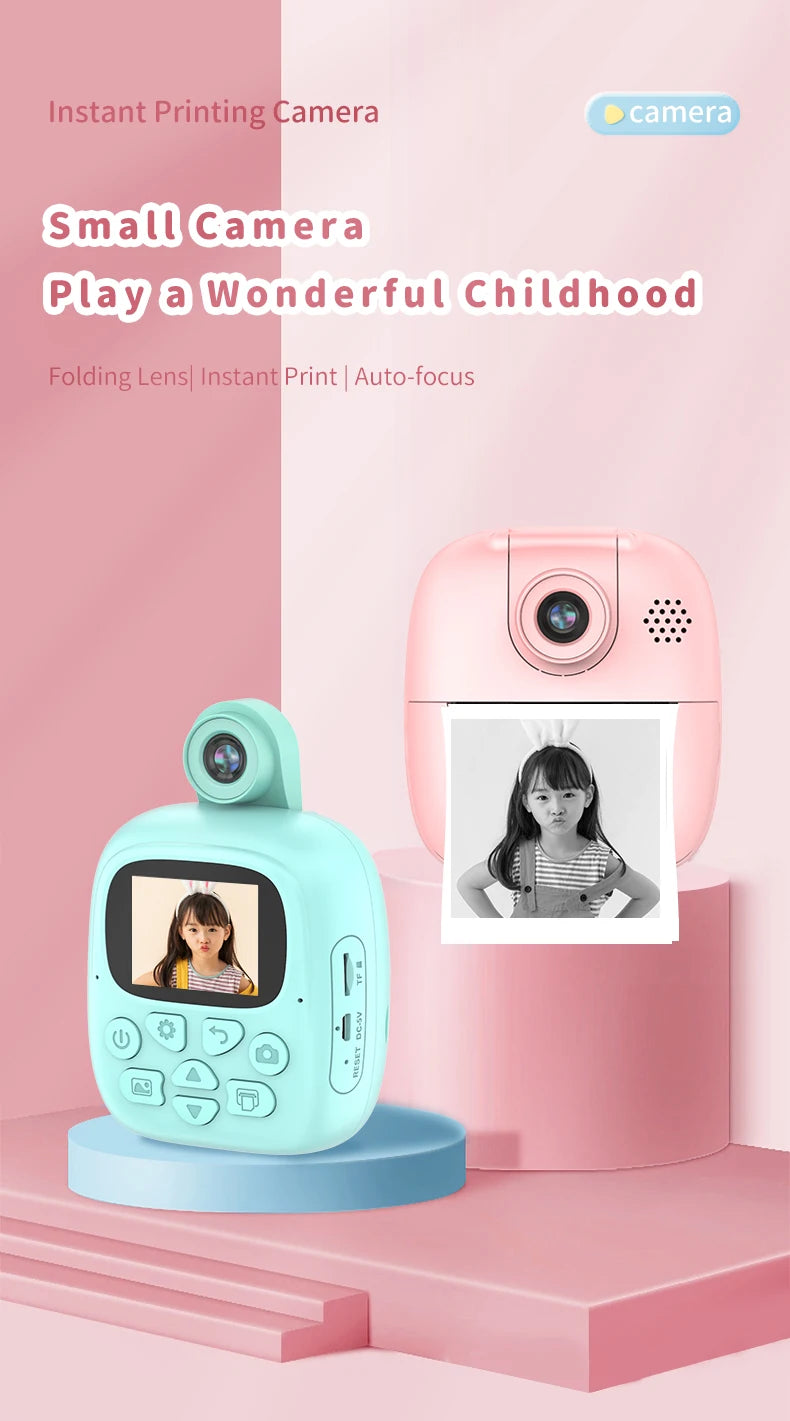Appareil photo à impression instantanée pour enfants, appareil photo numérique thermique, jouet vidéo, cadeau d'anniversaire, carte mémoire 32G