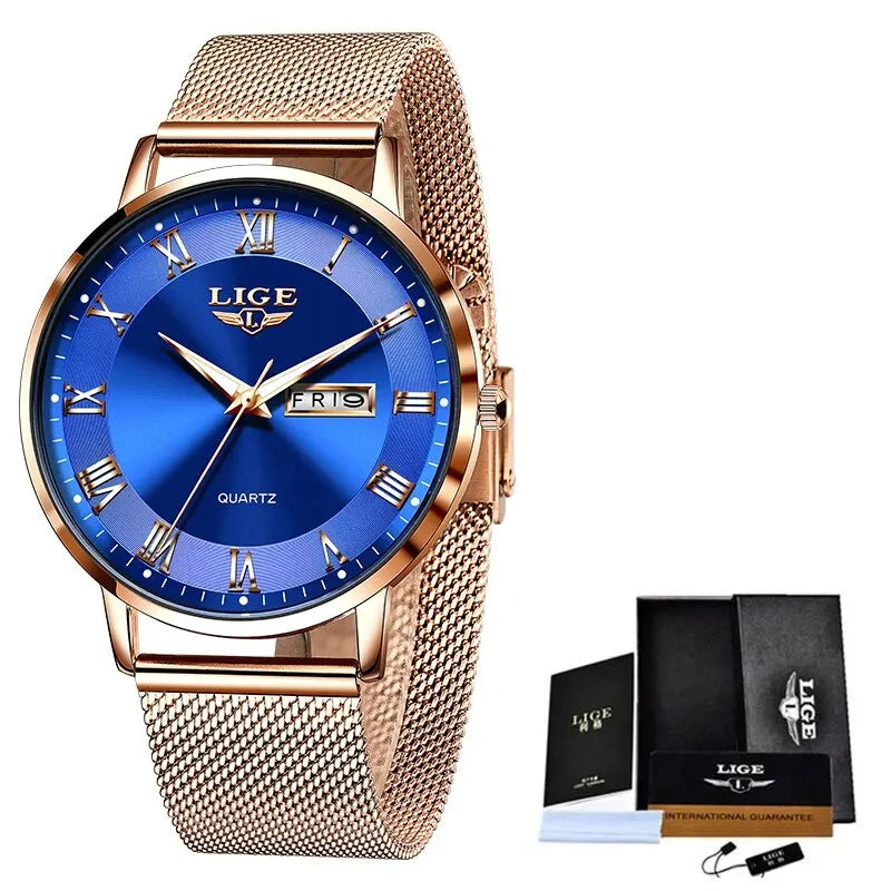 Montre femme LIGE 2024 – Quartz japonais, acier inoxydable, lumineuse