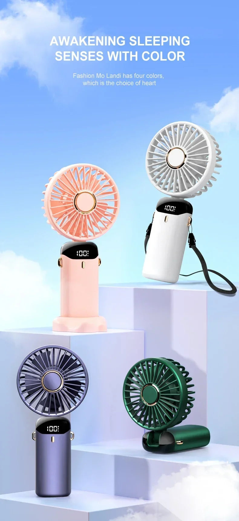 Mini Ventilateur de Cou Portable 1800mAh – Support Téléphone, Écran LED, 5 Vitesses, Rechargeable USB