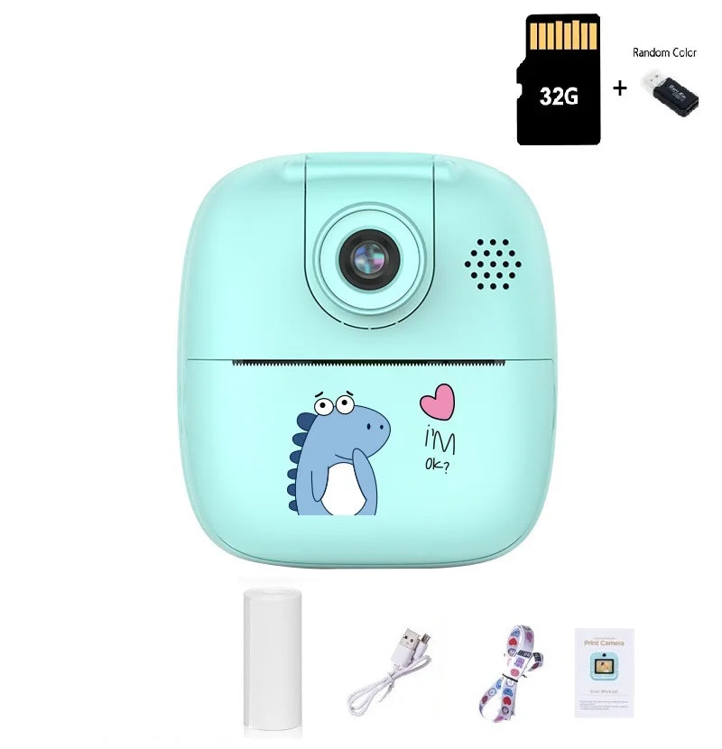 Appareil photo à impression instantanée pour enfants, appareil photo numérique thermique, jouet vidéo, cadeau d'anniversaire, carte mémoire 32G
