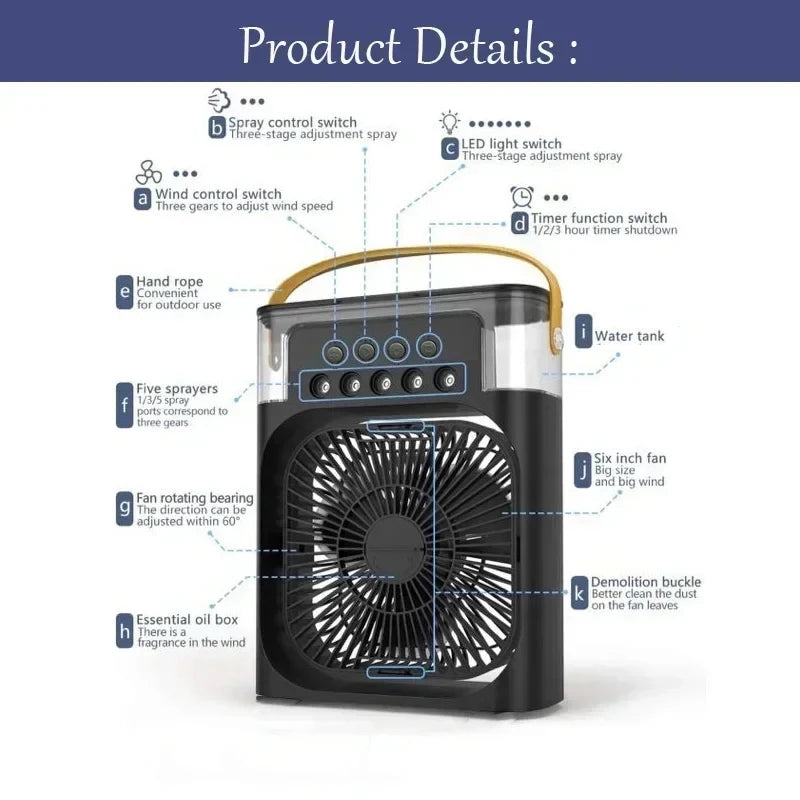 Mini Climatiseur 3-en-1 Portable – Ventilateur, Humidificateur & Veilleuse LED, Rechargeable USB